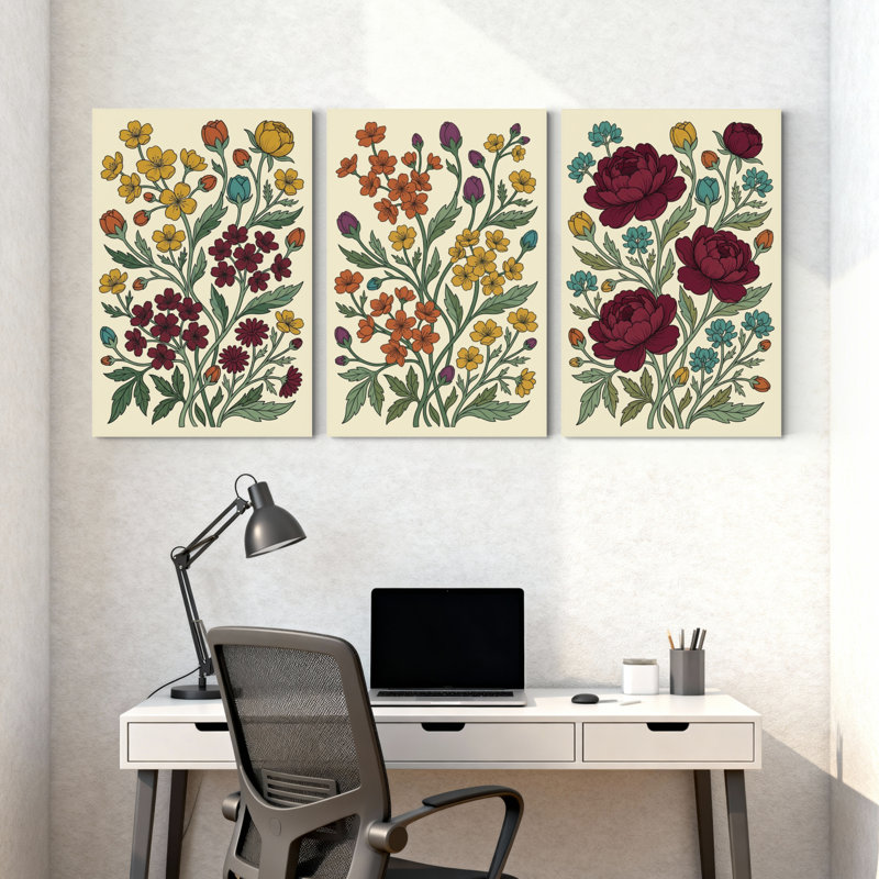 Plantes et fleurs, motif floral avec couleurs vives et feuilles vertes, ensemble de 3 impressions sur toile