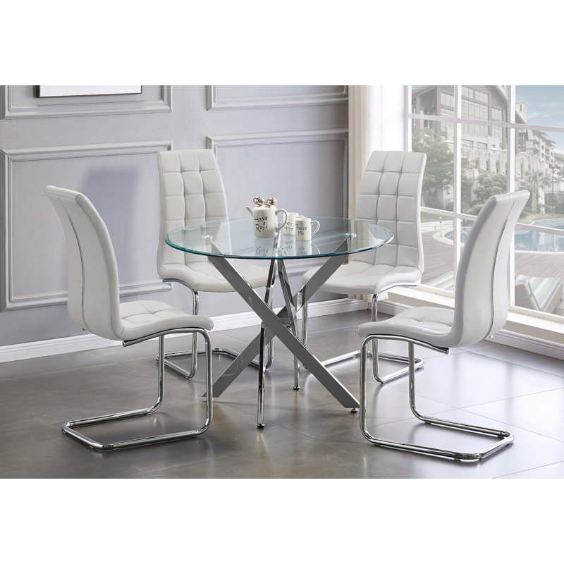 Tierra Sleek Metal and Glass Round Dining Table Set with 4 Faux Leather Upholstered Dining Chairs, White
