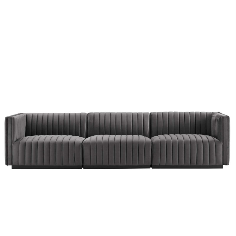 Elegant Black Gray Channel Tufted Velvet 3-Seater Sofa