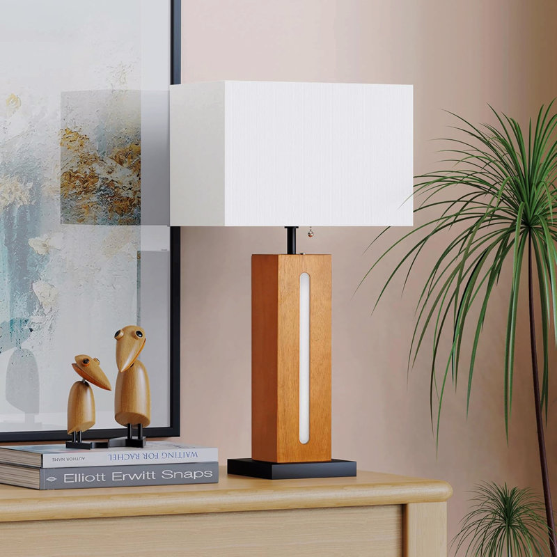 Ensemble de 2 lampes de table à intensité variable avec veilleuse à DEL, table de chevet carrée rustique en grain de bois avec abat-jour en lin