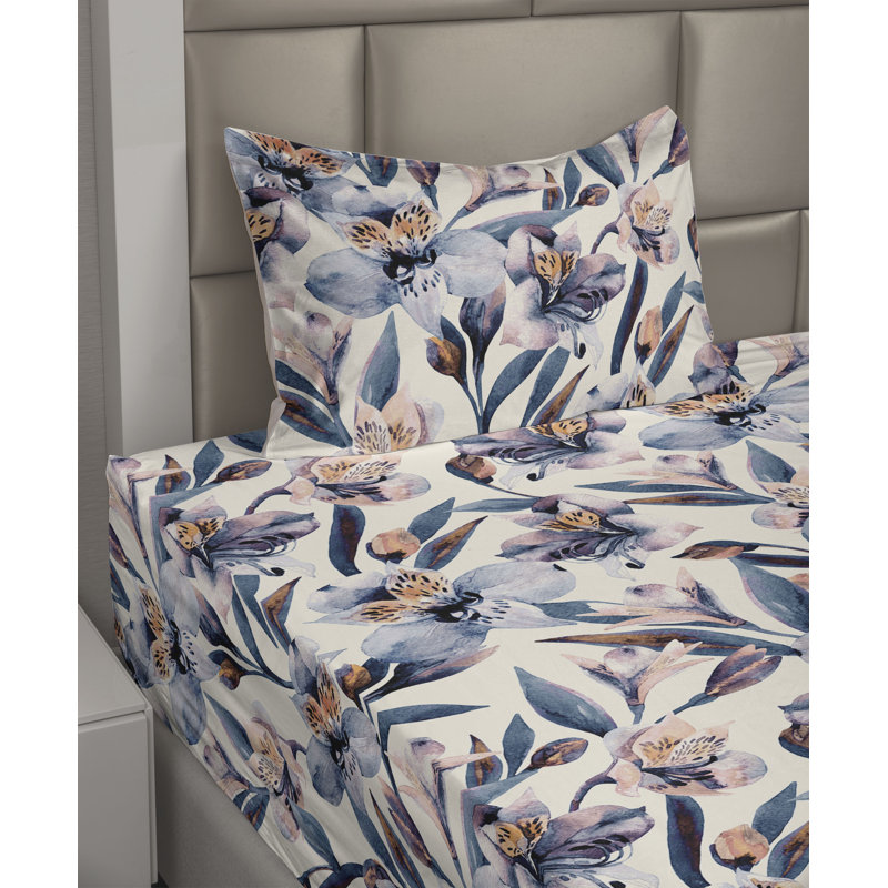 Ambesonne Watercolor Botany Sheet Set 4 Pcs Retro Boho Bloom, Lavender Blue Pale Orange Floral