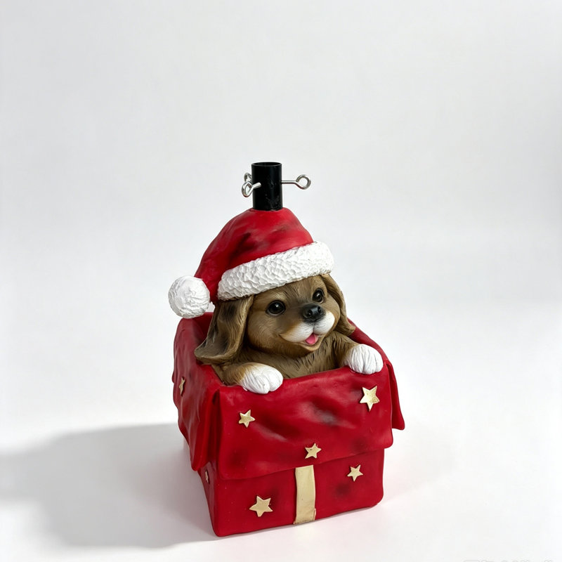 Socle d'arbre de Noël, base de sapin de Noël en forme de chiot mignon dans une boîte-cadeau rouge, support d'arbre décoratif pour décoration intérieure de Noël, H 44,5 cm x l 28,5 cm
