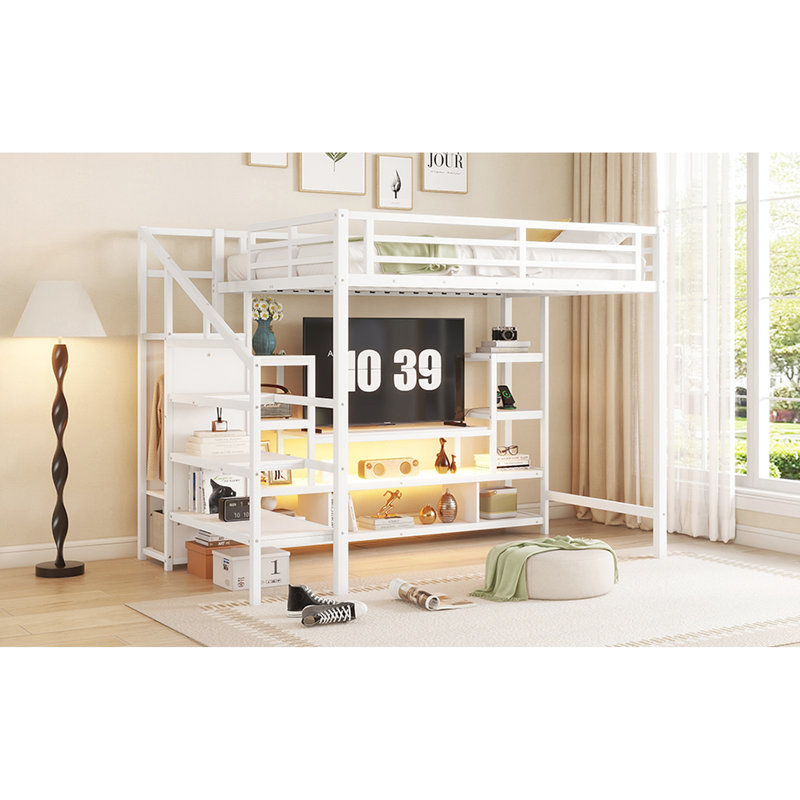Lit mezzanine double en métal avec meuble télé et garde-robe - Blanc