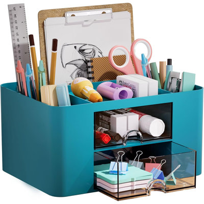 Pen Organizer with 2 Drawer, Multi-Functional Pencil Holder for Desk, Desk Organizers and Accessories with 5 Compartments + Drawer for Office Art Supp