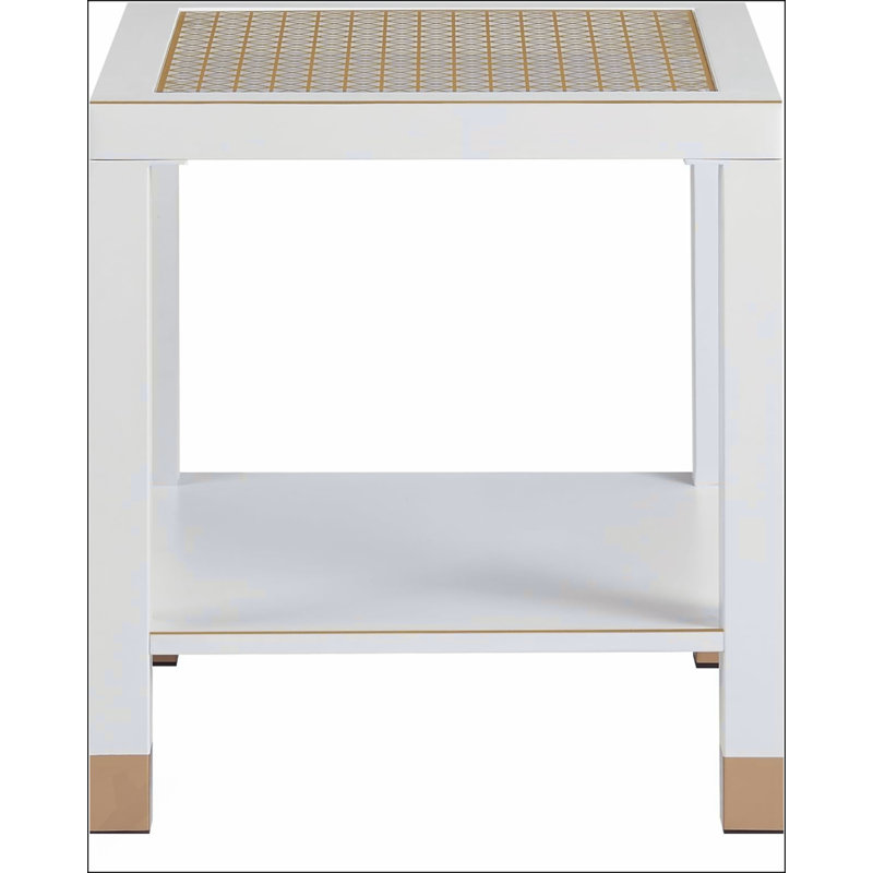 Boho Style Square Side Table With Tempered Glass Top And Metal Frame, 2-Tier Design For Living Room And Bedroom, White/Gold