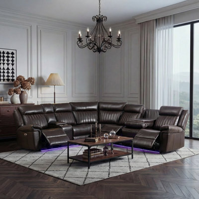 3-Piece Power Reclining Sectional With LED Lighting, Bluetooth Console, Drop-Down Table And Dual Consoles - Faux Leather Home Theater Sofa