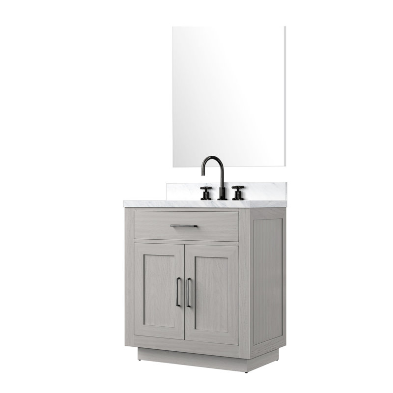 30 po Meuble-lavabo en chêne blanc avec comptoir en marbre, robinet et miroir 28 po x 28 po