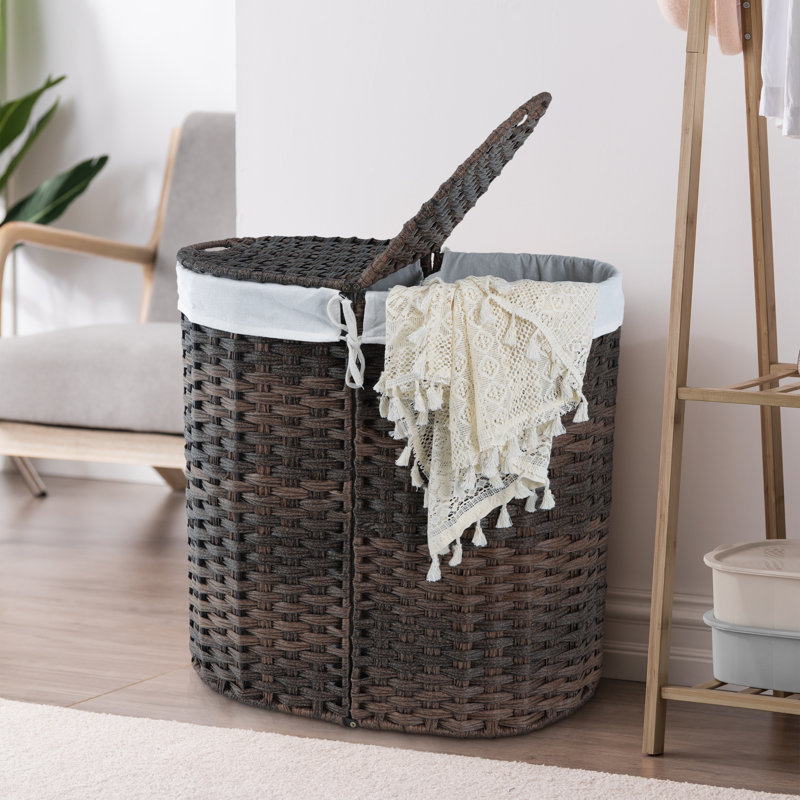 Panier à linge 110 L avec couvercle et poignées renforcées, trieur de vêtements à 2 sections avec doublures amovibles, conception facile à transporter pour la salle de lavage
