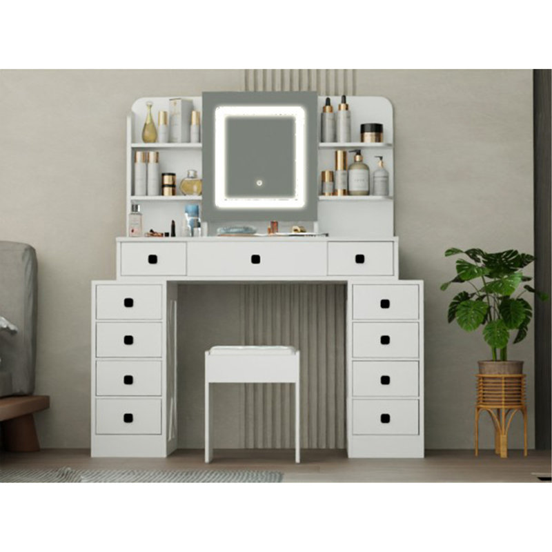 Farmhouse Vanity Desk With Sliding Mirror,Lights And Charging Station,Makeup Table Desk With Dimmable LED Light,Vanity Makeup Table With Sponge Soft Stool,White Finish