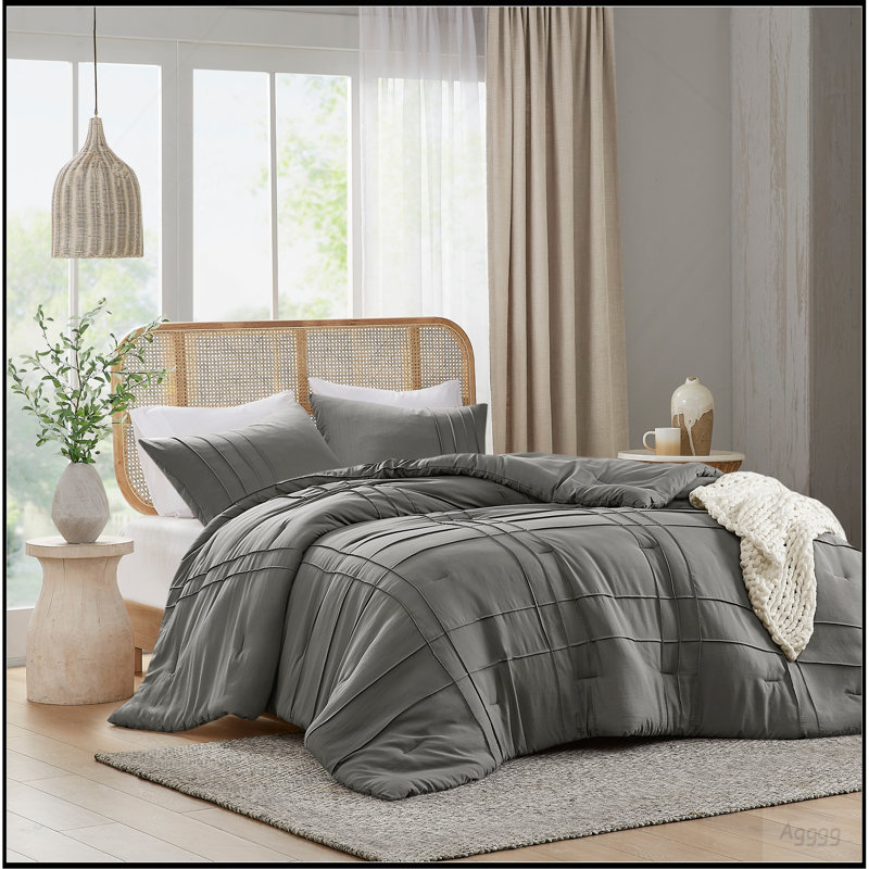 3-Piece Cal King Soft Washed Pleated Comforter Set, Grey