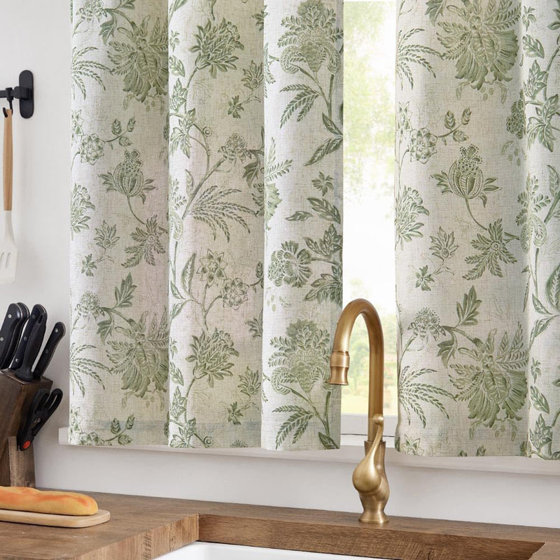 Rideaux en lin à motif floral avec passe-tringle, L 26 po x L 36 po, Vert
