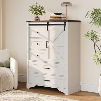 47" Tall Farmhouse 5 Drawer Sideboard Buffet, Storage Cabinet Chest With Sliding Barn Door & Shelf For Kitchen, Bathrooms