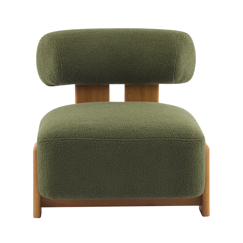 Rheia Mid-Century Modern Bouclé Accent Chair With Solid Rubberwood Base, Green