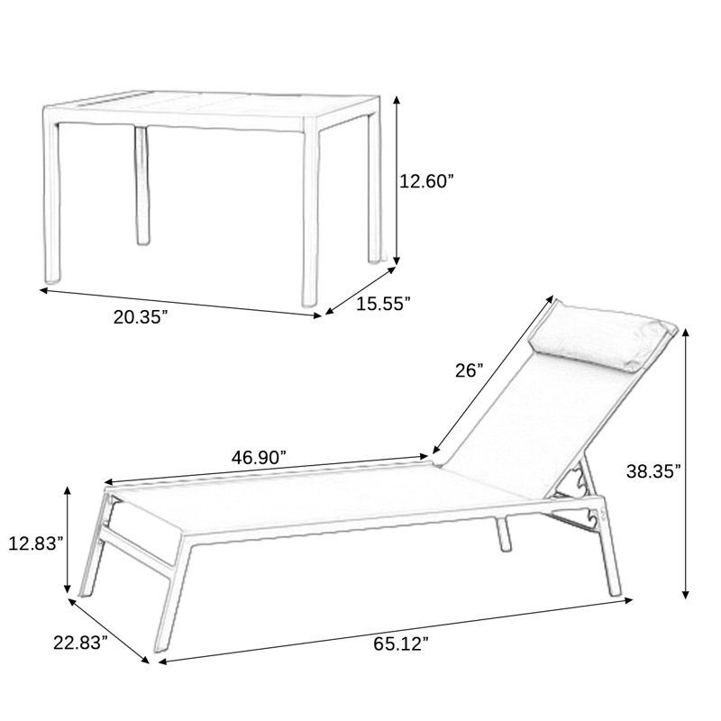 Ensemble de chaises longues inclinables avec table, Beige