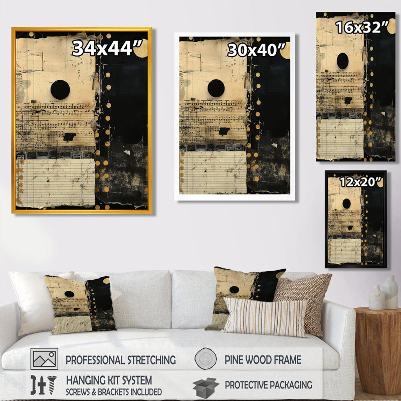 Rétro rythme rétro score collage - abstrait collage d'art mural salon, Toile avec cadre flottant or