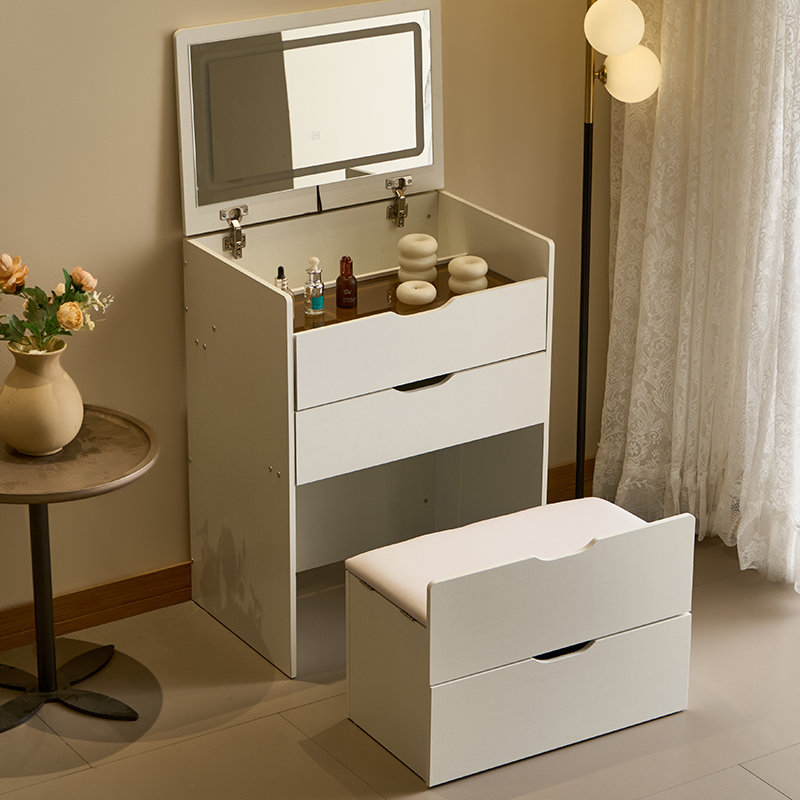 Bureau de meuble-lavabo 3 en 1 avec miroir et lumières, petit ensemble de bureau de meuble-lavabo avec plateau en verre visible, 3 tiroirs, banc de rangement, miroir d'éclairage 3 couleurs, convient au petit bureau de meuble-lavabo sur place