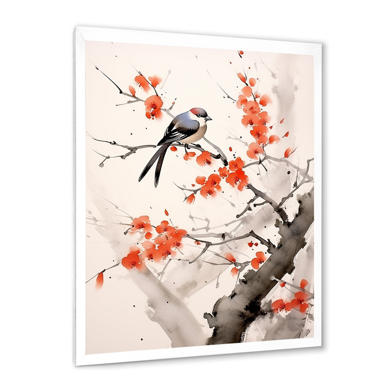 «Asian Art Sumi Bird Serenity VII», reproduction sur toile, H 40 po x l 30 po x P 1,5 po, Cadre photo blanc