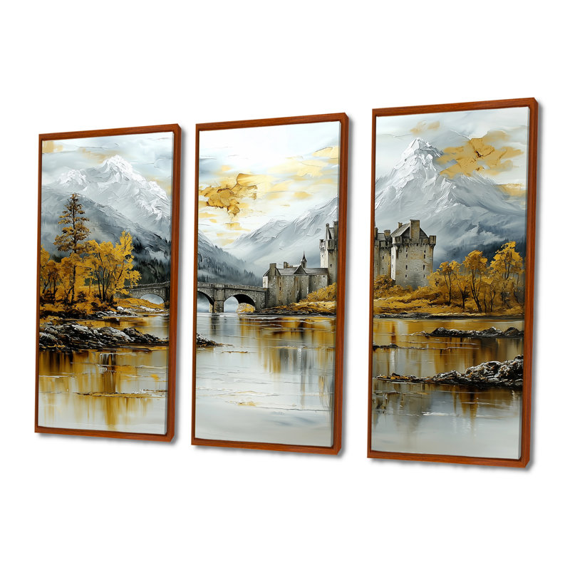 Château d'Eilean Donan en Écosse I - ensemble de reproductions d'art mural Écosse, Toile avec cadre flottant brun