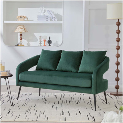 Causeuse moderne à dossier ouvert en velours avec 3 coussins, petit canapé confortable à 2 places pour les petits espaces avec pieds en métal, salon, chambre, bureau, dortoir, studio
