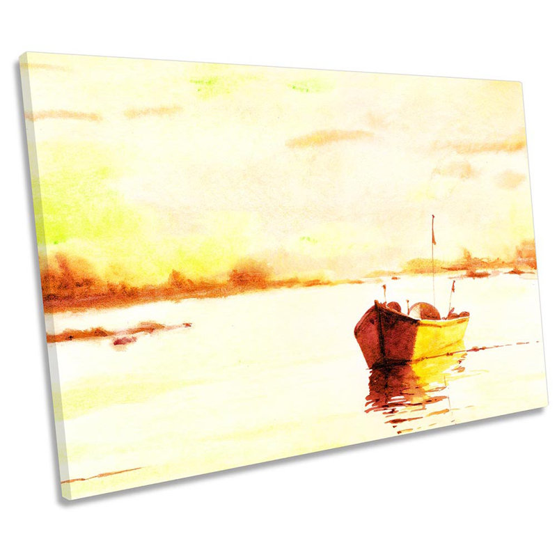 Sunset Boat Yellow Lake Framed - Wrapped Canvas Print, 30.5cm H x 45.7cm W x 2cm D