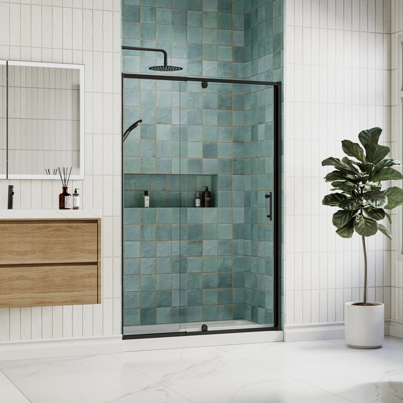 44" - 48" W x 71" H Pivot Swing Semi-Frameless Shower Door with 1/4" (6mm) Crystal Clear Tempered Glass, Matte Black