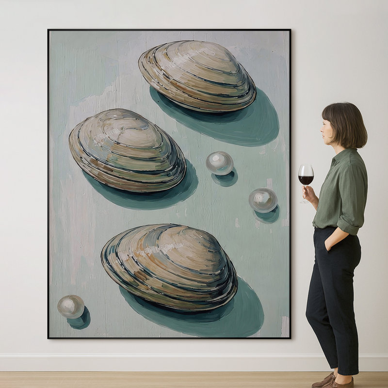 Très grande reproduction d'art sur tissu - Coquilles de palourdes côtières et perles sur fond bleu pour le salon ou la chambre à coucher - «Assemblage requis du cadre (cadre non fini)»