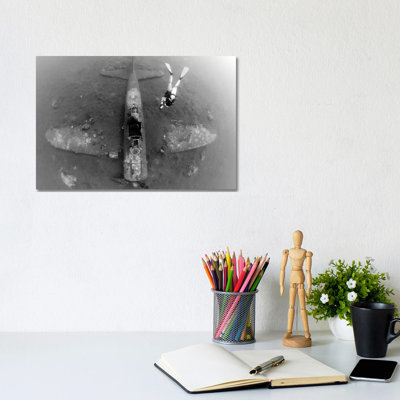 Diver Explores the Wreck of a Mitsubishi Zero Fighter Plane 1 Piece Wrapped Canvas Wall Art