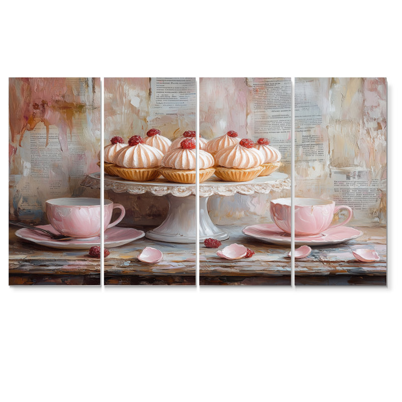 Rose et rouge, petits gâteaux sur un présentoir à gâteaux - ensemble d'art sur toile, H 32 po x l 64 po