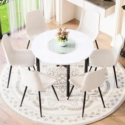 Table ronde blanche de 42 pouces et 6 chaises en cuir artificiel, centre en verre facile à nettoyer, tablette transparente pour le rangement de la vaisselle, plantes de bonne cuisine, salons