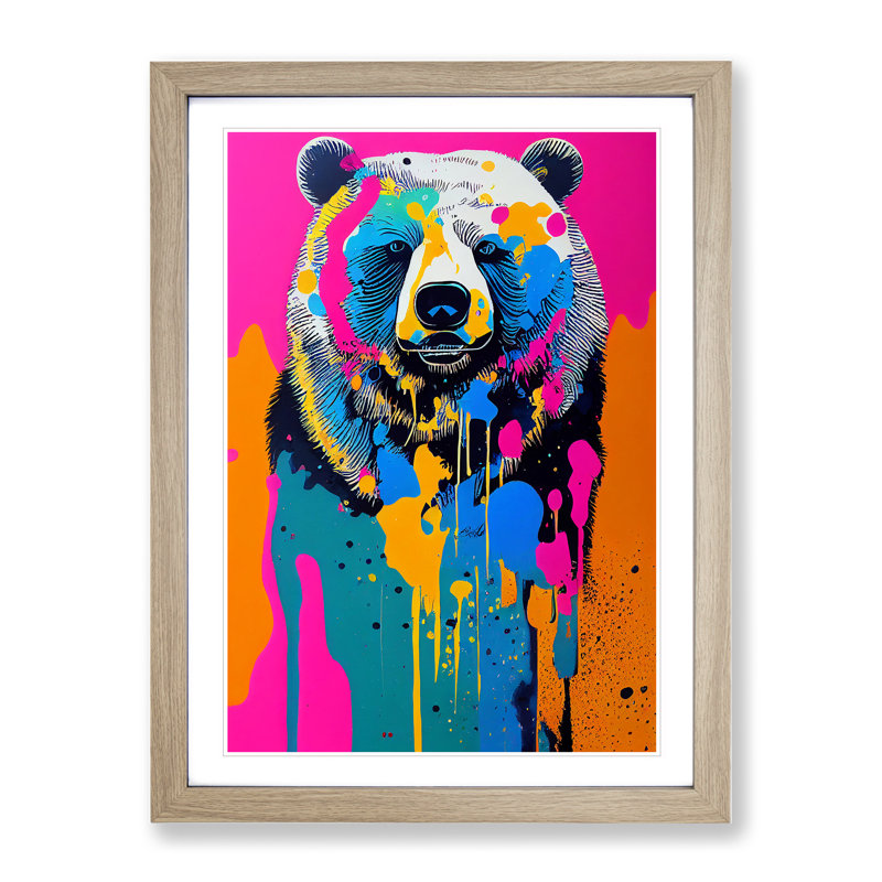Dripping Paint Bear No.1 1 Piece Single Picture Frame Wall Art, 64cm H x 46cm W x 2cm D, Oak