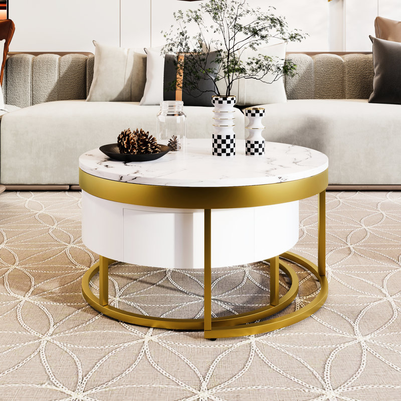 Table basse gigogne ronde Cool White & Gold avec rangement fonctionnel et espace de tiroir