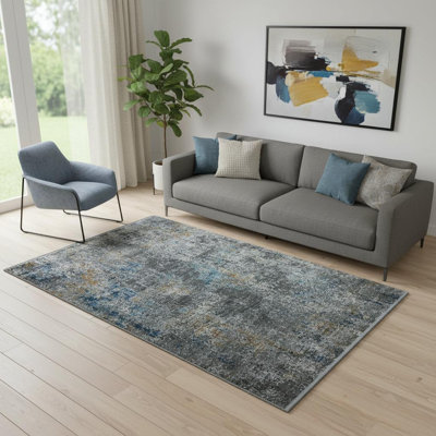 5' X 8' Blue And Gray Abstract Distressed Area Rug With Fringe