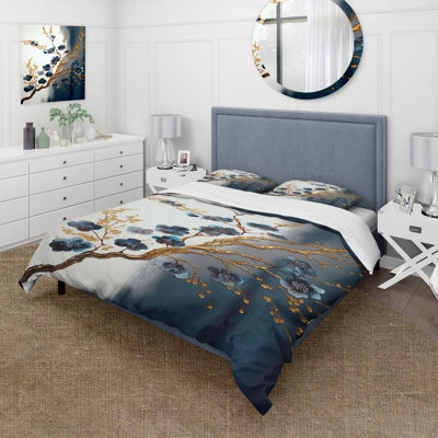 Landscape Comforter Set of 4 - Blue Cherry Blossom Branch V With Shams And Throw Pillows