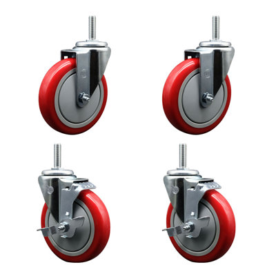 Poly Wheel Swivel 5/8 Inch Threaded Stem Caster Set 2 Brakes