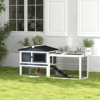 59" Wooden Outdoor , 2 Levels With Roof, Removable Tray And Practical Ramp, Dark Gray Cage Run, Tray,