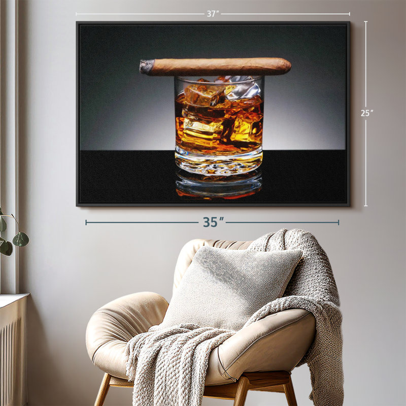Cigare allumé sur whisky, reproduction sur toile, H 25 po x l 37 po