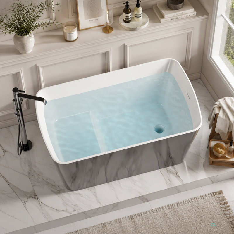 Baignoire de trempage autoportante en acrylique, baignoire de trempage japonaise de forme carrée, conception à asseoir avec trop-plein et drain chromés, disponible pour livraison express