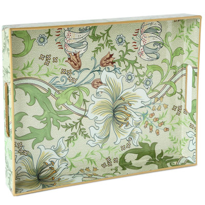 Serving Tray with Handles, Rectangular Plastic Tray, Peony Chinese Porcelain Style Decorative Tray for Kitchen, Dining Table, Vanity, Office & Home(Green Lily & Tulip)