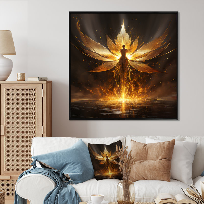 Glorious Ascendant Golden Angel sur toile, H 36 po x l 36 po x P 1,5 po, Cadre flottant noir