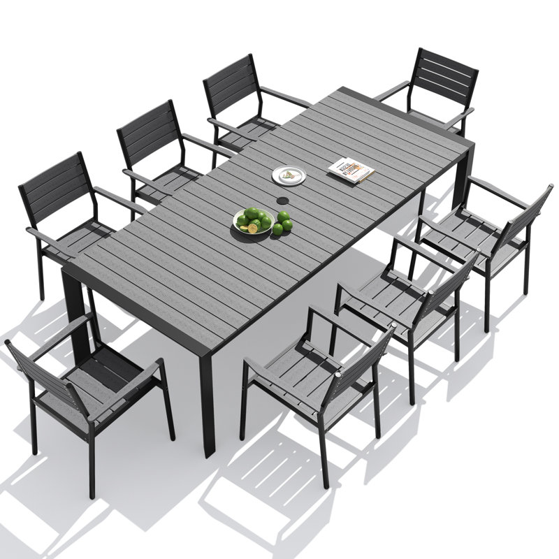 8 - Person 95'' W X 40'' D Aluminum Patio Dining Set With Stackable Armchairs And Umbrella Hole, Dark Gray