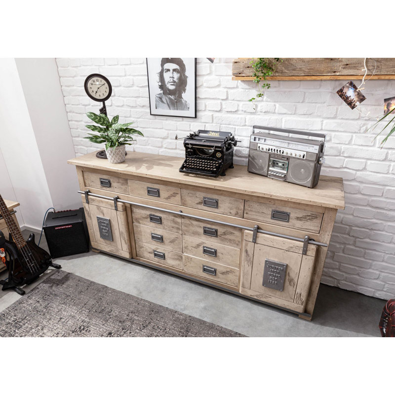 Railway 200cm Solid Wood Sideboard, Whitewash lacquered