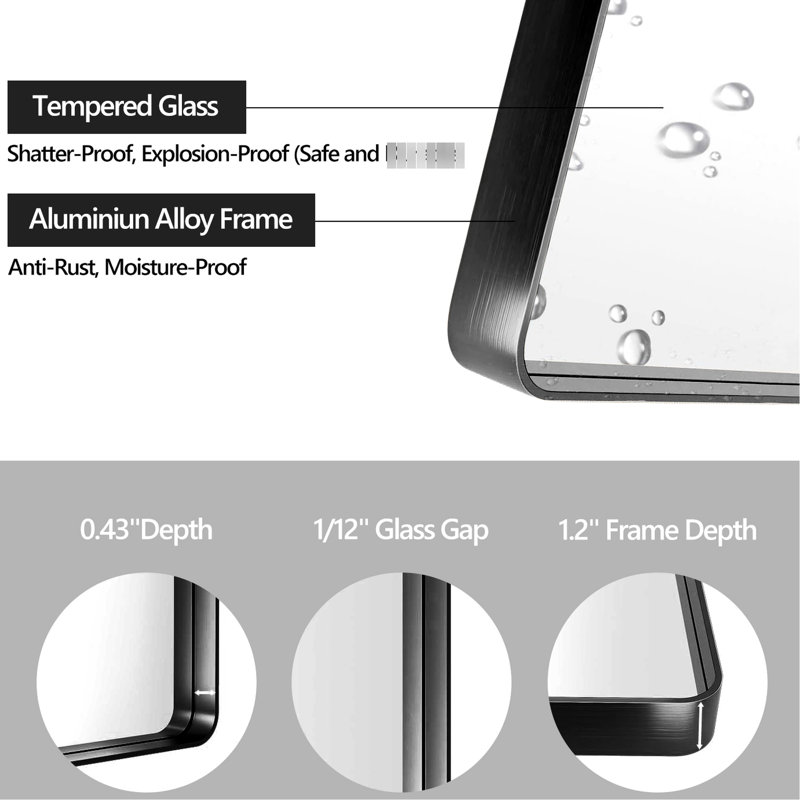 Miroir de salle de bain noir avec cadre en aluminium noir de 20 po x 30 po - Verre flotté HD, style, reflet transparent, alliage de rouille, preuve, installation facile, conception sécuritaire, cadre, supports en Z pour une suspension sécuritaire,