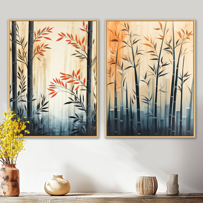 Bambou dans le calme I - Ensemble de 2 grandes décorations murales Japandi, 32" H x 48" W, Natural Floater Framed
