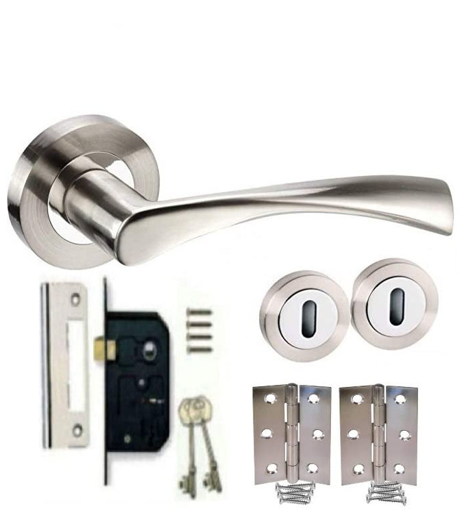 Golden Grace Astrid Design Modern Door Handles Lock Set in Dual Finish with 3 Lever Lock, 2 Keys and 1 Pair of 3" Butt Hinges
