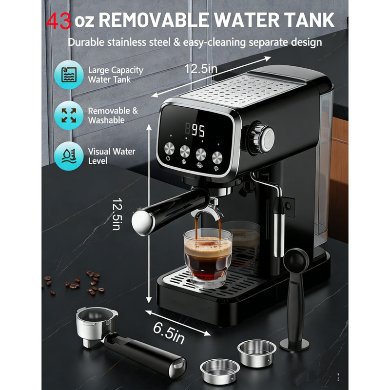 2pcs Slim Vertical Espresso Machine with Milk Frother, 20BAR Professional Pump & Pre-Infusion, Built-in Cup Warmer, 43oz Detachable Water Tank, Compact Space-Saving Design for Rich Espresso, Latte, Americano, Easy to Use, Black