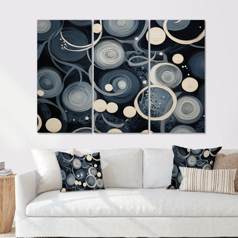 Ensemble de salon White Moons On Retro Blue - Geometric Wall Art, H 28 po x l 36 po x P 1 po, Toile tendue