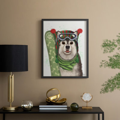 Christmas Husky Snowboard Framed Print - Solid Wood
