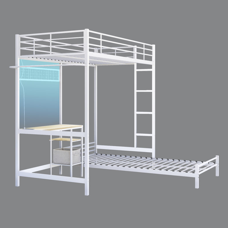 Twin Over Twin Bunk Bed with Desk and LED Light & USB Charging Station, Metal Bunk Bed with Storage Shelves and Clothesline for Kids Teens Shared Bedrooms
