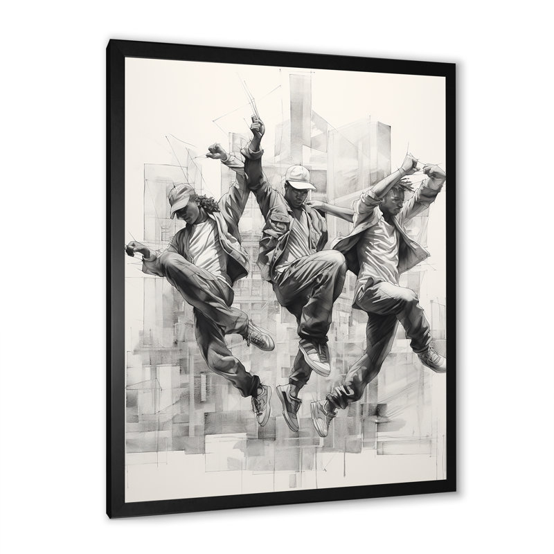 «Hip Hop Dance II» noir et blanc sur toile, Cadre simple noir, H 44 po x l 34 po x P 1,5 po