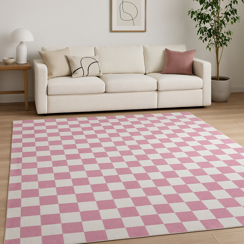 Tapis à carreaux rose et blanc cassé 7 pi x 10 pi